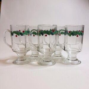 Vintage Libbey Holiday Irish Coffee Mugs Set of 6‎ Holly Berry Christmas Glass